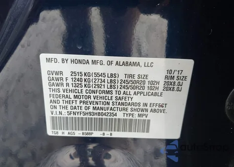 2017 Honda Pilot Touring z USA, uszkodzony, nr VIN 5FNYF5H93HB042354